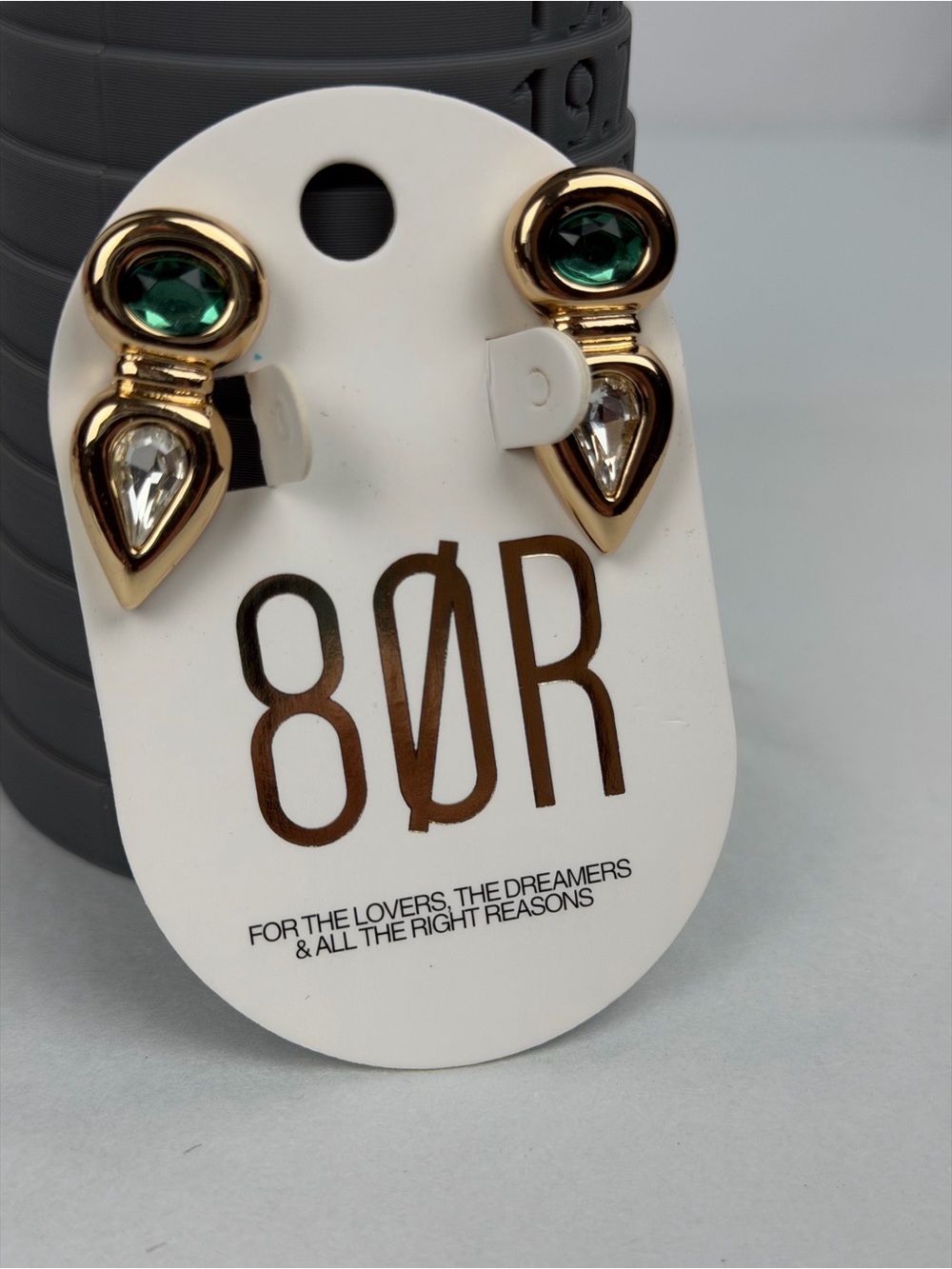 Gold Teardrop Stud Earrings with Green Stone by
